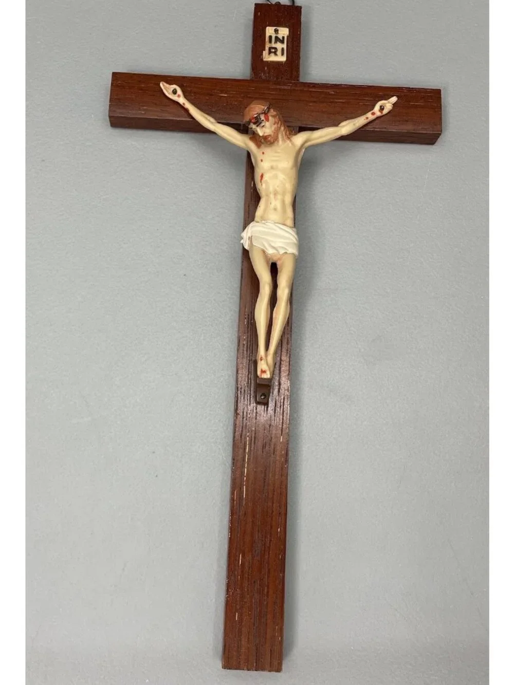 Vintage INRI Wooden Crucifix Wood Cross Jesus Religious MCM Wall Hanging 10”